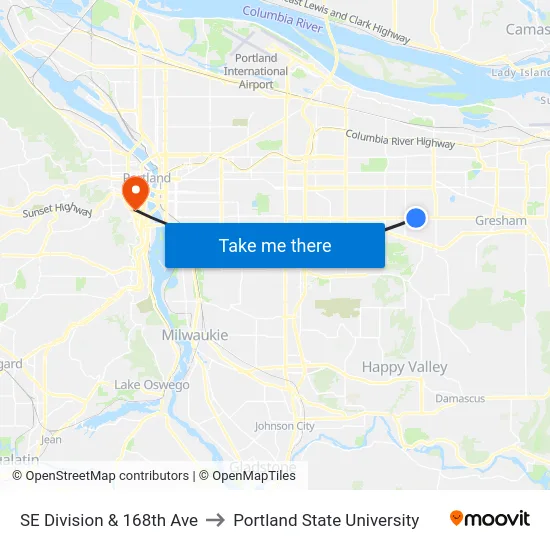 SE Division & 168th Ave to Portland State University map