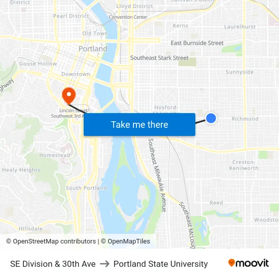 SE Division & 30th Ave to Portland State University map