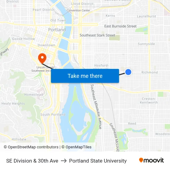 SE Division & 30th Ave to Portland State University map