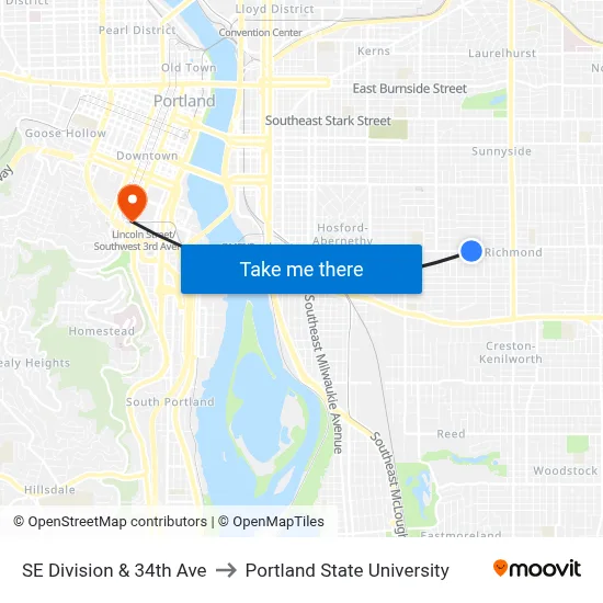 SE Division & 34th Ave to Portland State University map