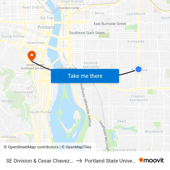 SE Division & Cesar Chavez Blvd to Portland State University map