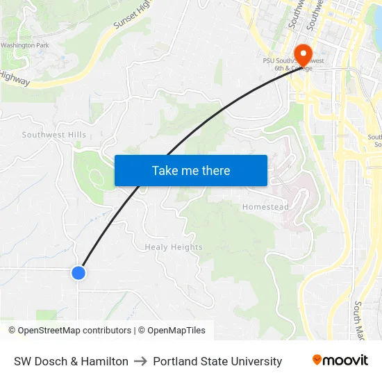 SW Dosch & Hamilton to Portland State University map