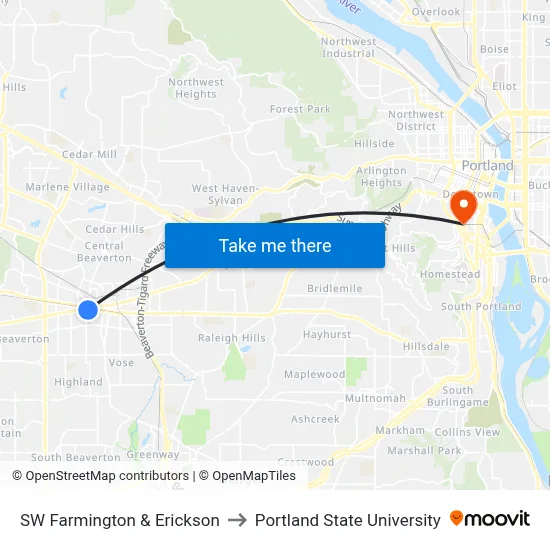 SW Farmington & Erickson to Portland State University map