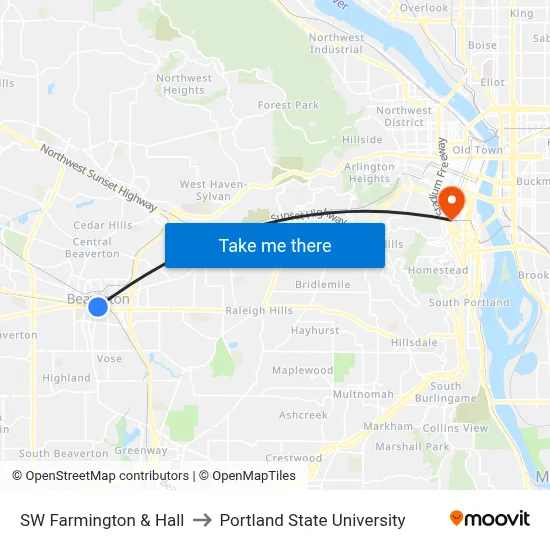 SW Farmington & Hall to Portland State University map