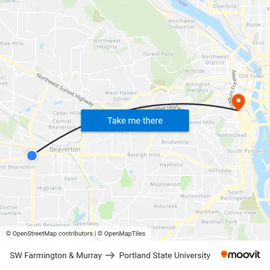 SW Farmington & Murray to Portland State University map