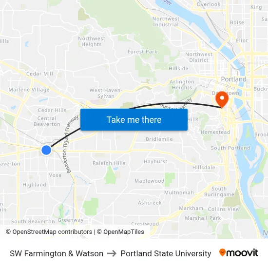 SW Farmington & Watson to Portland State University map