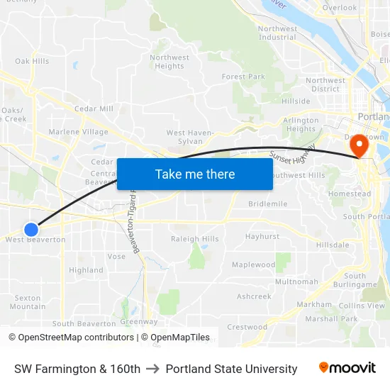 SW Farmington & 160th to Portland State University map