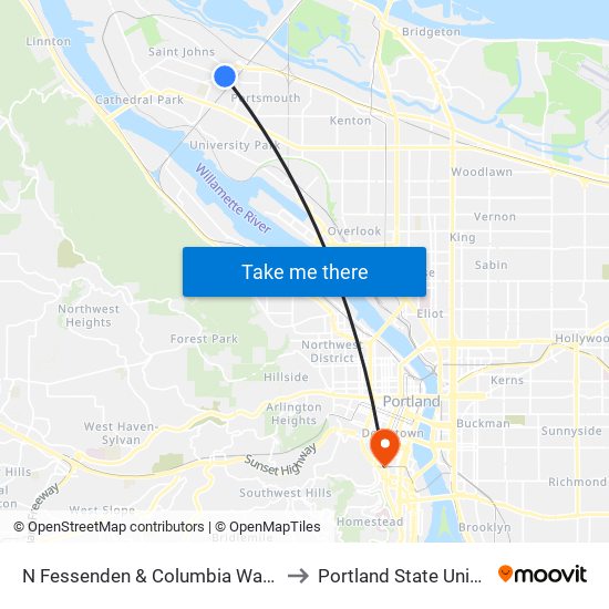 N Fessenden & Columbia Way (West) to Portland State University map