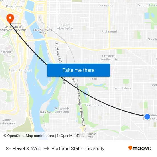 SE Flavel & 62nd to Portland State University map