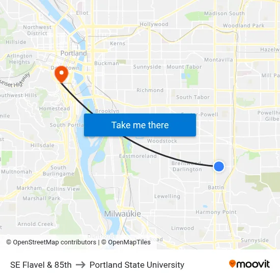 SE Flavel & 85th to Portland State University map