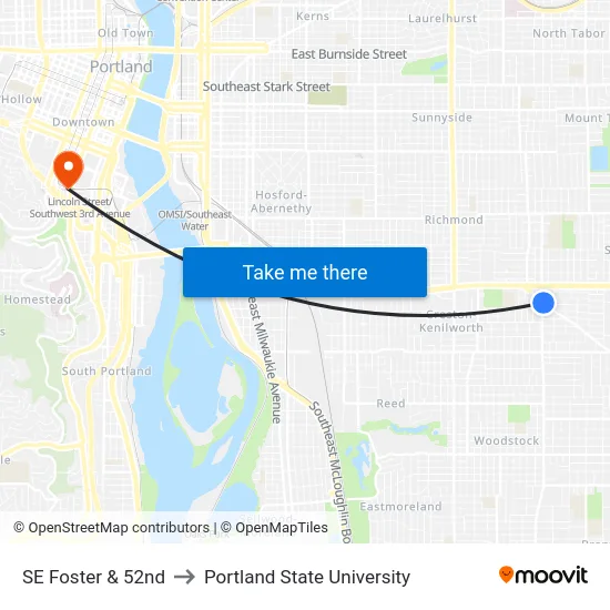 SE Foster & 52nd to Portland State University map