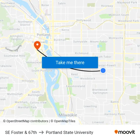 SE Foster & 67th to Portland State University map