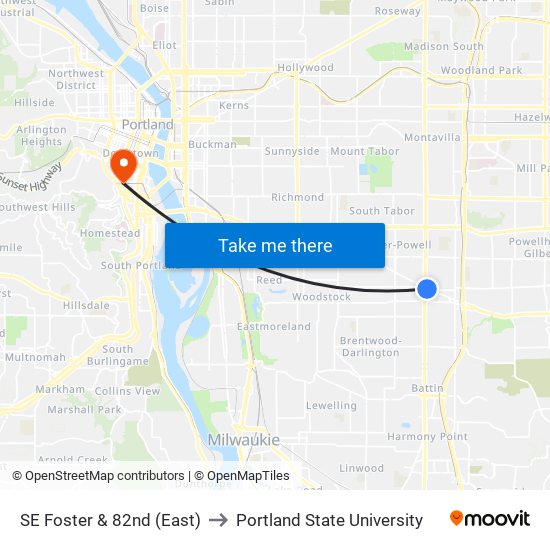 SE Foster & 82nd (East) to Portland State University map