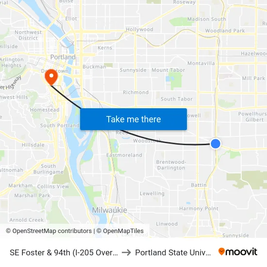 SE Foster & 94th (I-205 Overpass) to Portland State University map