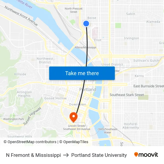 N Fremont & Mississippi to Portland State University map
