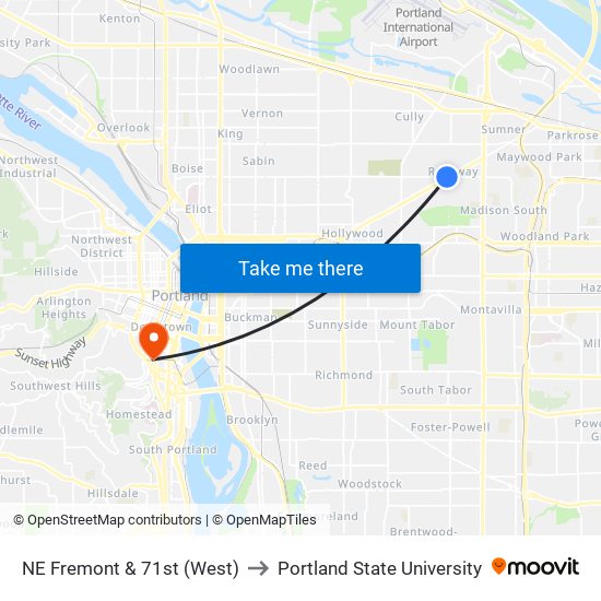 NE Fremont & 71st (West) to Portland State University map