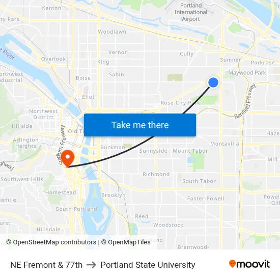 NE Fremont & 77th to Portland State University map