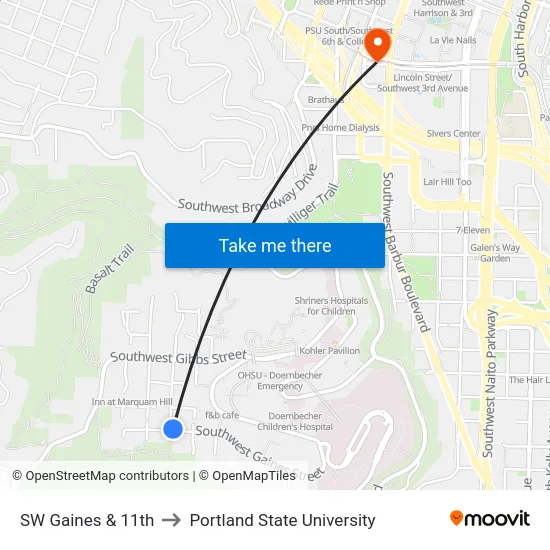 SW Gaines & 11th to Portland State University map