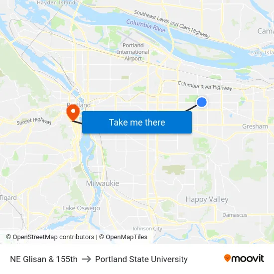 NE Glisan & 155th to Portland State University map