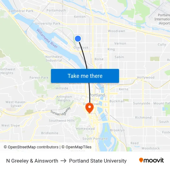 N Greeley & Ainsworth to Portland State University map