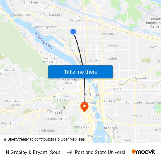 N Greeley & Bryant (South) to Portland State University map