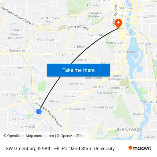 SW Greenburg & 98th to Portland State University map