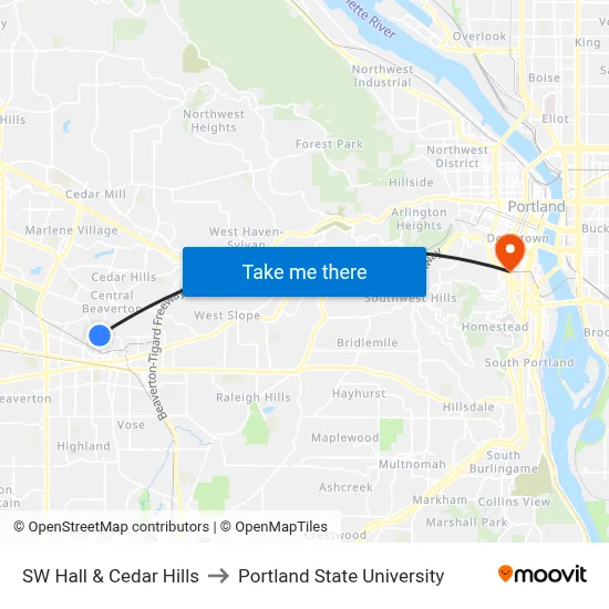 SW Hall & Cedar Hills to Portland State University map