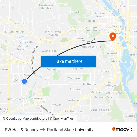 SW Hall & Denney to Portland State University map