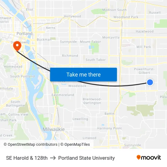 SE Harold & 128th to Portland State University map