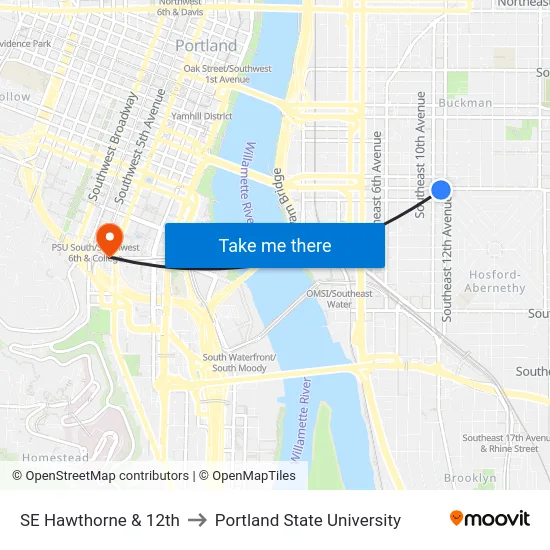 SE Hawthorne & 12th to Portland State University map