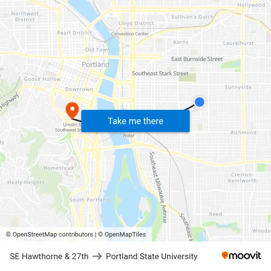 SE Hawthorne & 27th to Portland State University map