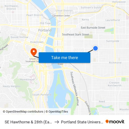 SE Hawthorne & 28th (East) to Portland State University map
