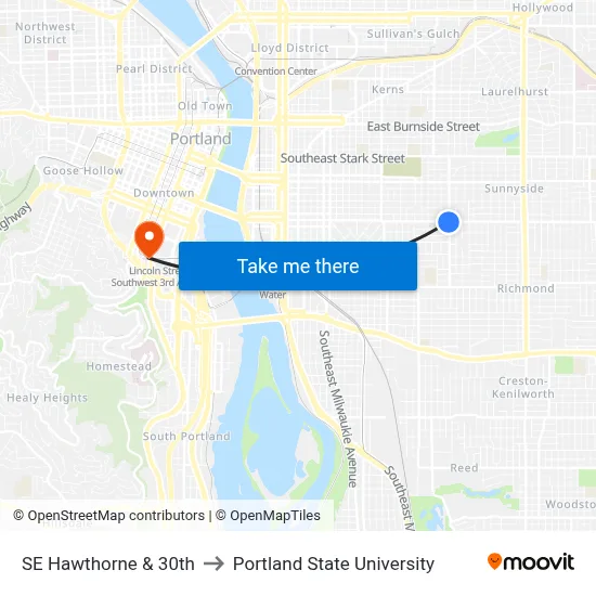 SE Hawthorne & 30th to Portland State University map