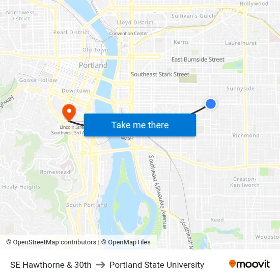 SE Hawthorne & 30th to Portland State University map