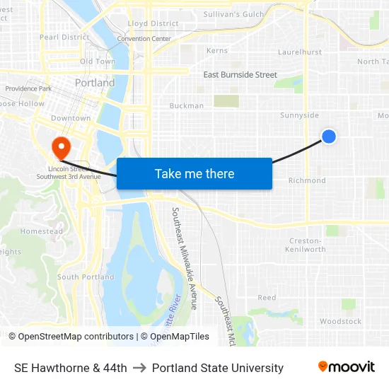 SE Hawthorne & 44th to Portland State University map