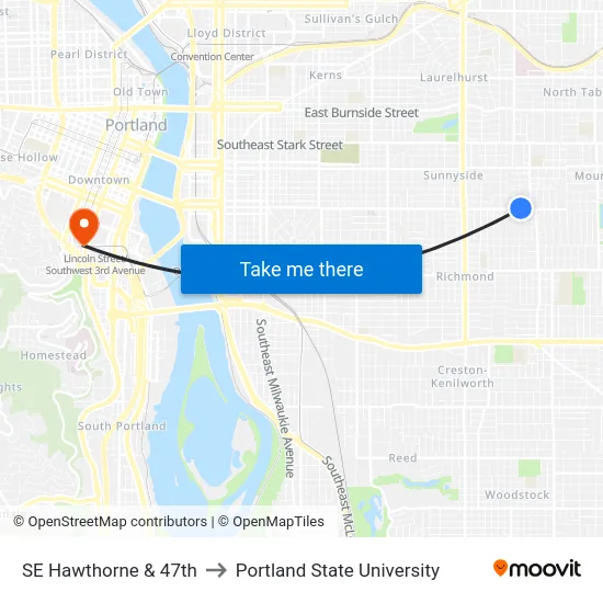 SE Hawthorne & 47th to Portland State University map