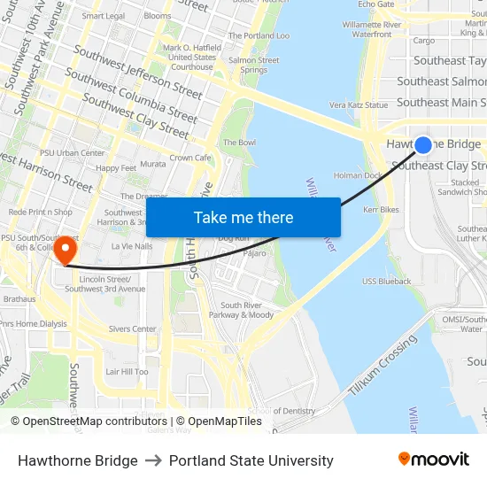 Hawthorne Bridge to Portland State University map
