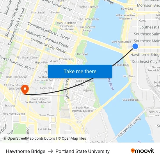 Hawthorne Bridge to Portland State University map