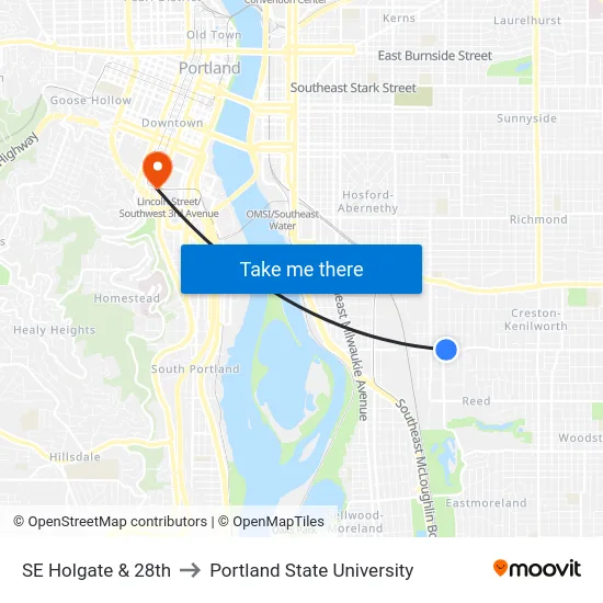 SE Holgate & 28th to Portland State University map