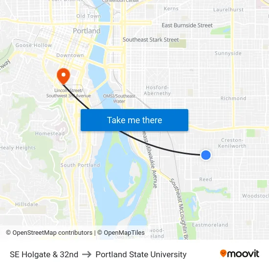 SE Holgate & 32nd to Portland State University map