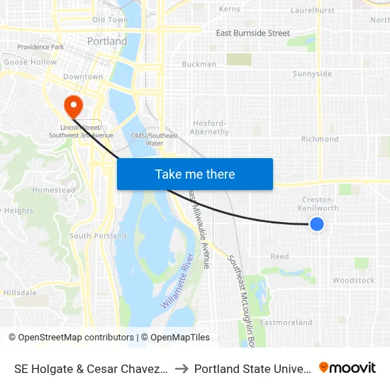 SE Holgate & Cesar Chavez Blvd to Portland State University map