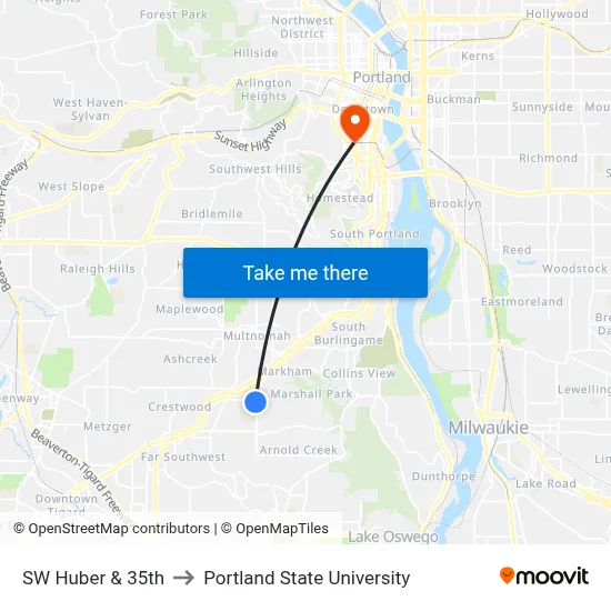 SW Huber & 35th to Portland State University map