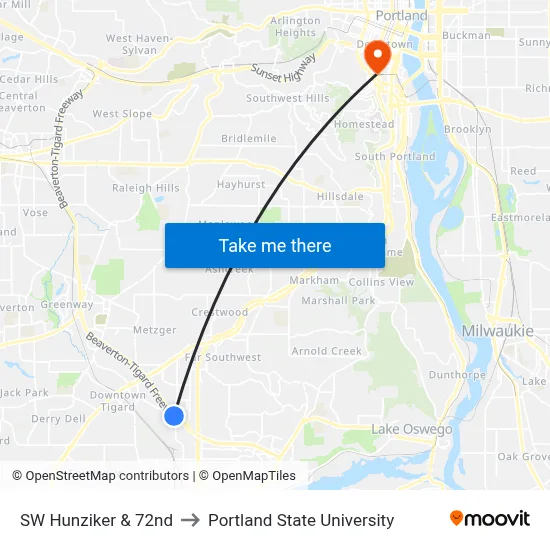 SW Hunziker & 72nd to Portland State University map