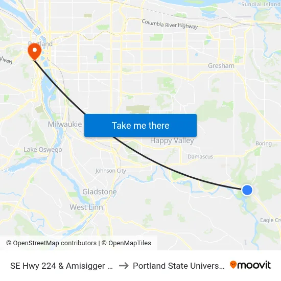 SE Hwy 224 & Amisigger Rd to Portland State University map