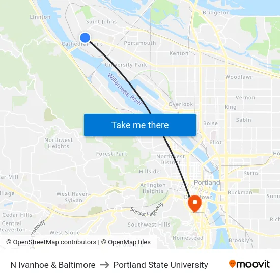 N Ivanhoe & Baltimore to Portland State University map