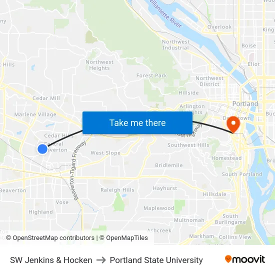 SW Jenkins & Hocken to Portland State University map