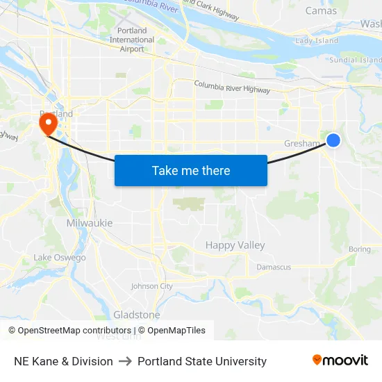 NE Kane & Division to Portland State University map