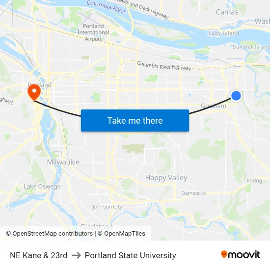NE Kane & 23rd to Portland State University map
