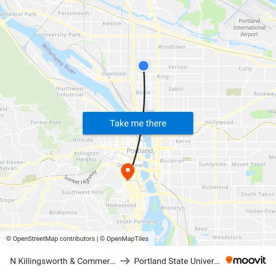N Killingsworth & Commercial to Portland State University map