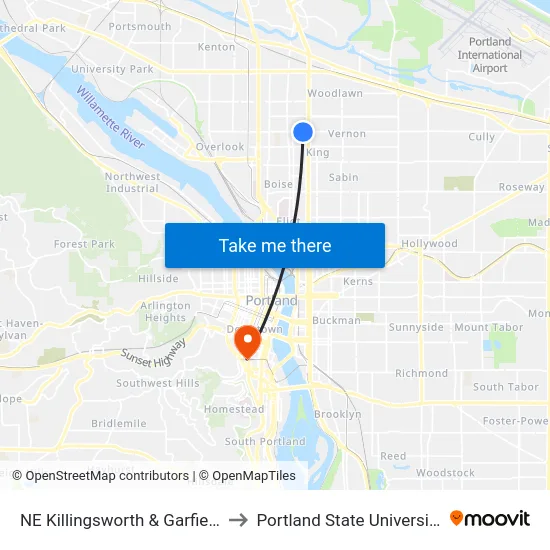 NE Killingsworth & Garfield to Portland State University map